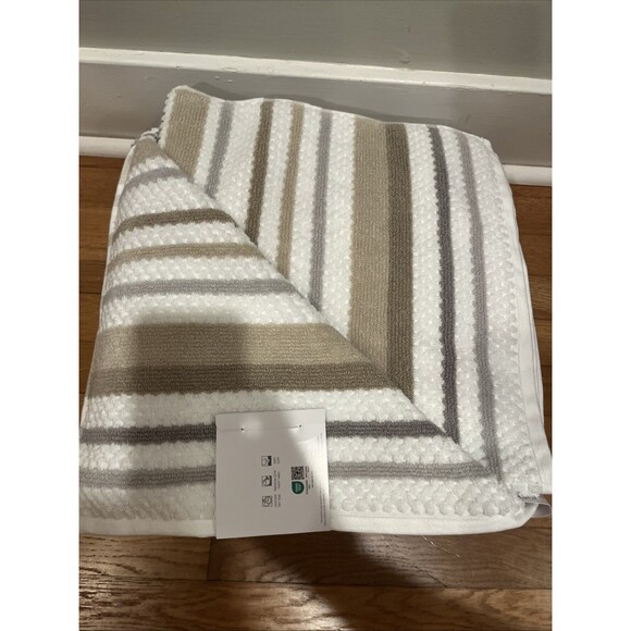 Caro Home Bath Towel Set Of 3 -White Gray Tan Stripe Plush - Quick Dry- NEW - Picture 5 of 5
